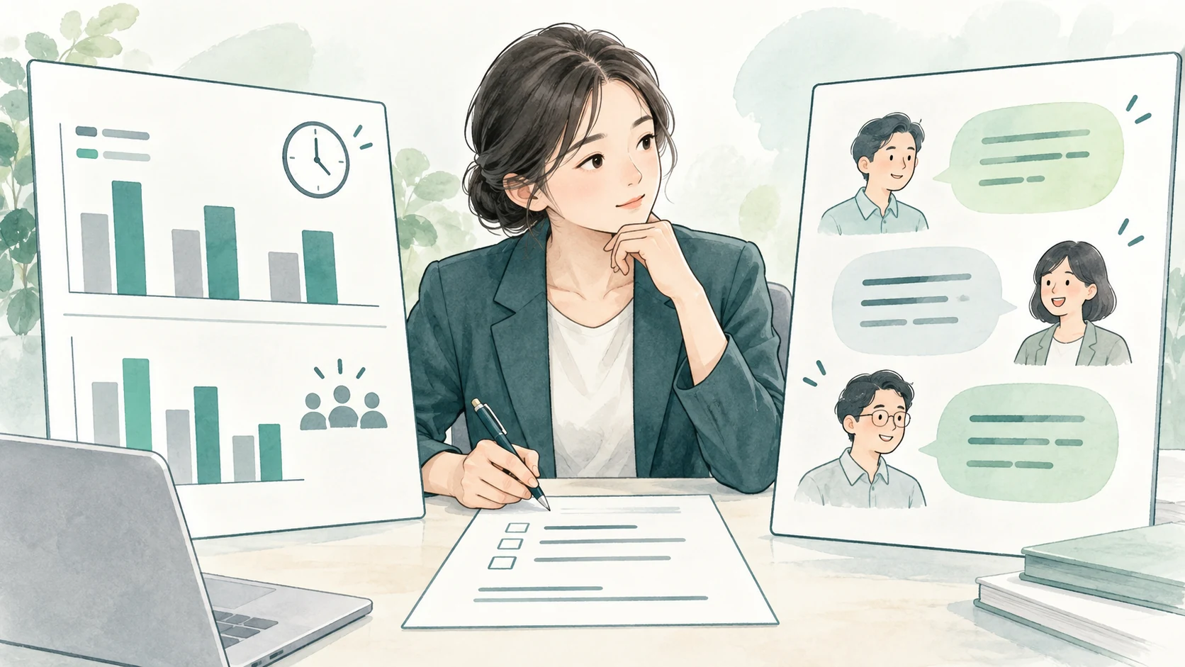 棒グラフと現場の声を並べ、担当者が数値と意見を照らし合わせて業務改善の効果を評価するイラスト