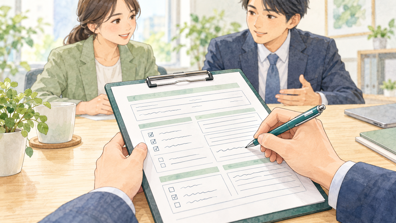 相談相手の話を聞きながら、ヒアリングシートにペンで記入して業務内容を整理する水彩調のイラスト